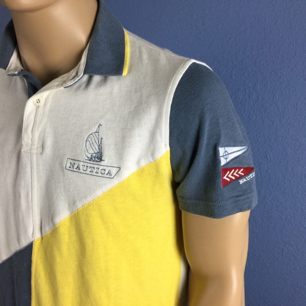 NAUTICA Patchwork Polo Shirt Yellow White L Large